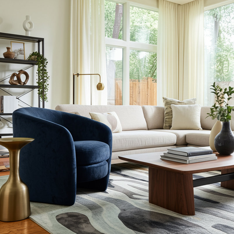 Fauteuil demi-tonneau enveloppant, 100 % lin bleu
