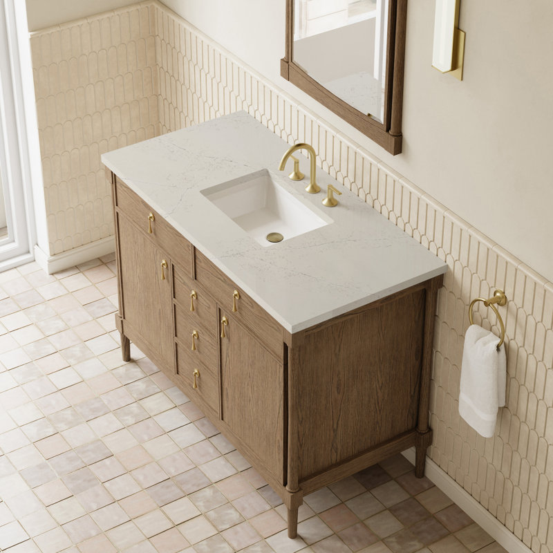 Kinnsden 48" W Single Vanity, Siberian Silestone, 8" Widespread, Weathered Oak
