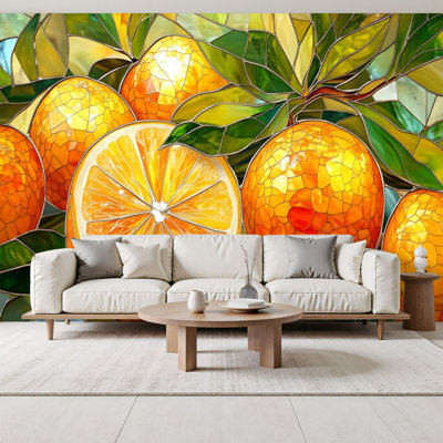 Papier peint à vitrail Oranges lumineuses murales oranges lumineuses H 69 po x l 96 po amovible, papier peint en PVC, peintures murales auto-adhésives, décoration pour le salon de la chambre à coucher