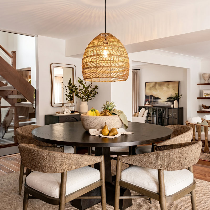 Natural Dome Rattan Pendant Light for Dining Room & Kitchen Island