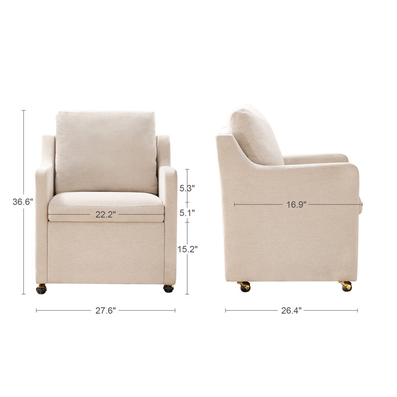 27" Wide Country Farmhouse Linen Upholstered ?Fabric Dining Chair With Casters(Set Of 2), Beige