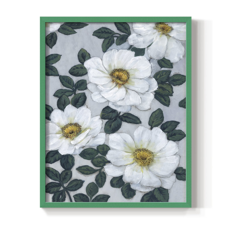 «Bright White Flowers I», reproduction encadrée - bois massif, H 21 po x l 17 po, Vert