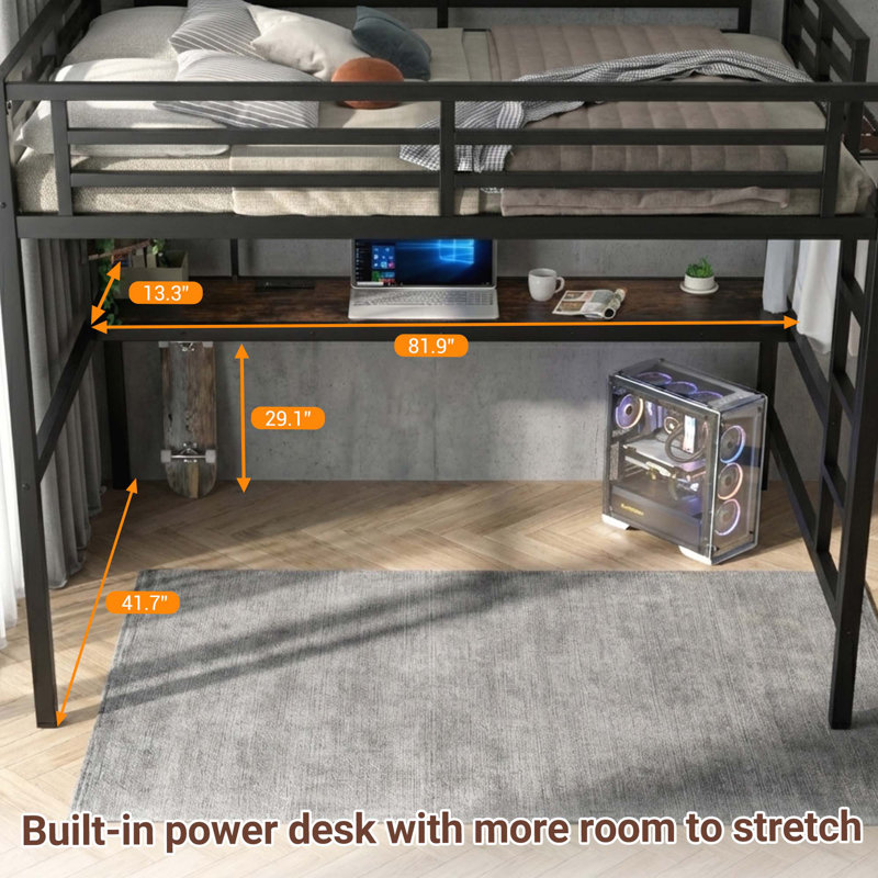 Twin XL Loft Bed with Desk and USB Charging Station, Noise-Free Metal Bed Frame for Small Spaces with LED