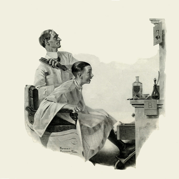 «Barber and Boy» par Norman Rockwell, reproduction sur toile tendue sur châssis, H 18 po x l 18 po x P 1,5 po