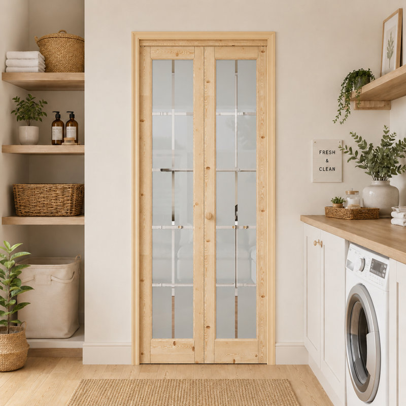 Porte pliante à deux battants 36 po x 80 po en verre clair et bois massif 36 po x 80 po avec quincaillerie d'installation Surface non finie