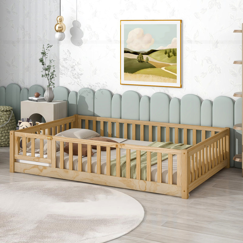 Lit plateforme au plancher avec clôture et porte, Double , Naturel