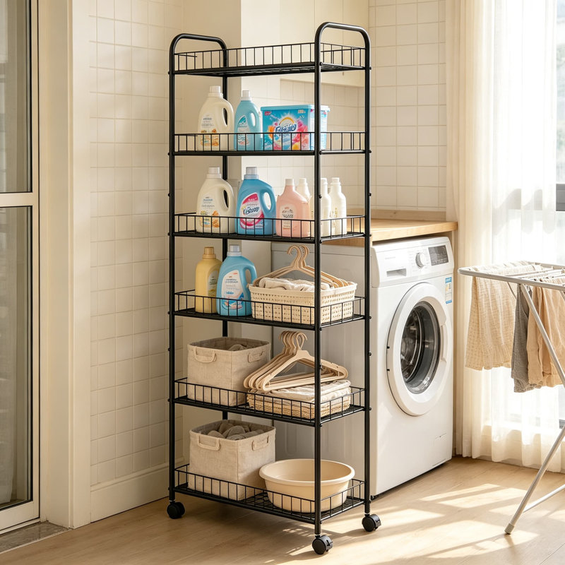 Chariot de rangement étroit à roulettes, étagère roulante étroite avec crochets pour petits espaces, chariot utilitaire en métal pour la cuisine, la salle de bain, la buanderie et plus encore.