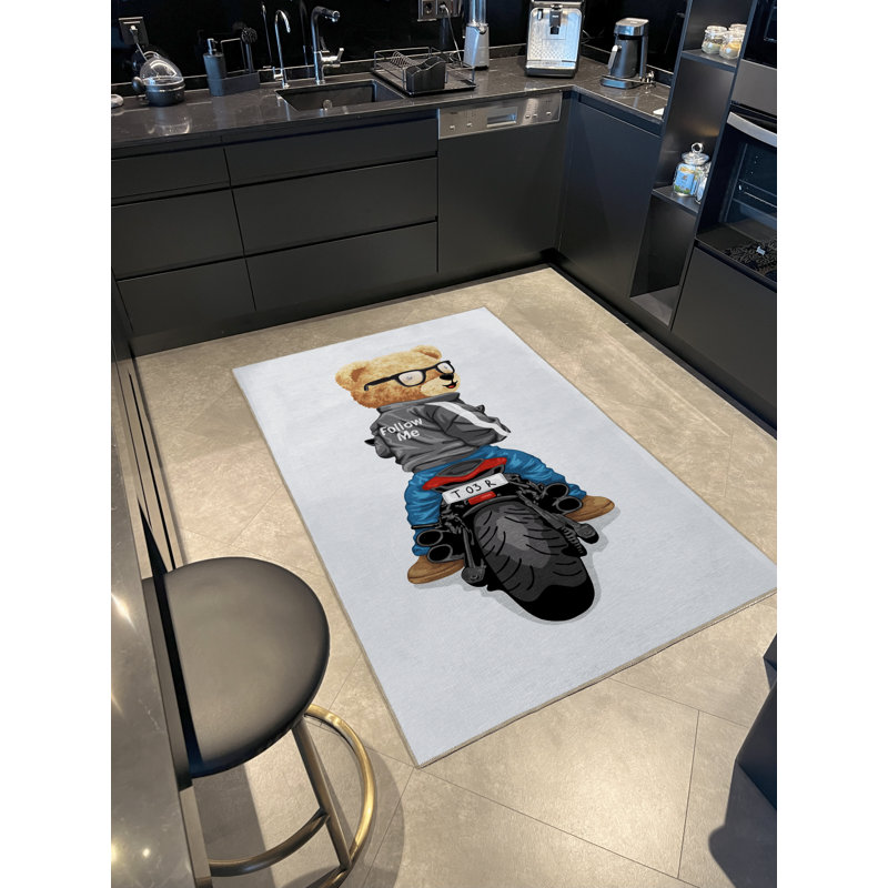 Multi-Coloured Retro Themed Motorized Teddy Bear Patterned Creative Modern Decorative Rug, Runner 3'3.37" x 9'10.11"