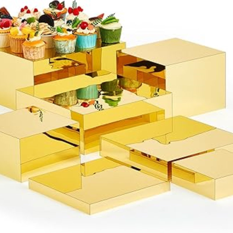 Gold Acrylic Display Box Set – 5-Sided Cube with Hollow Bottom, Nesting Food Risers for Buffet Tables, Display, and Storage 