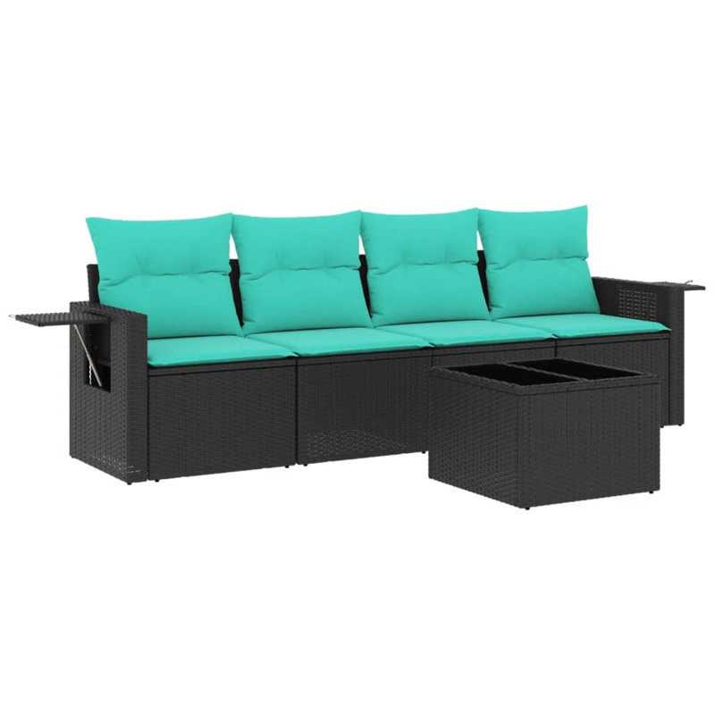 Ensemble de canapé de patio 5 pièces avec coussins en rotin de polyester, Bleu clair, Noir