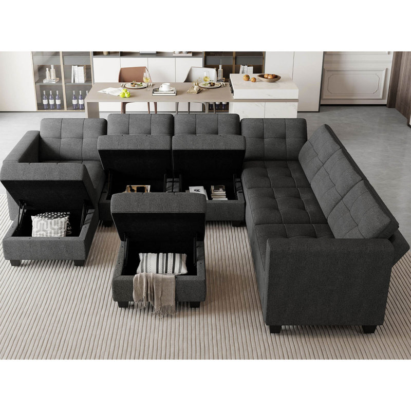 143" W Reversible Modular Sectional with Storage Ottoman, Dark Gray Linen