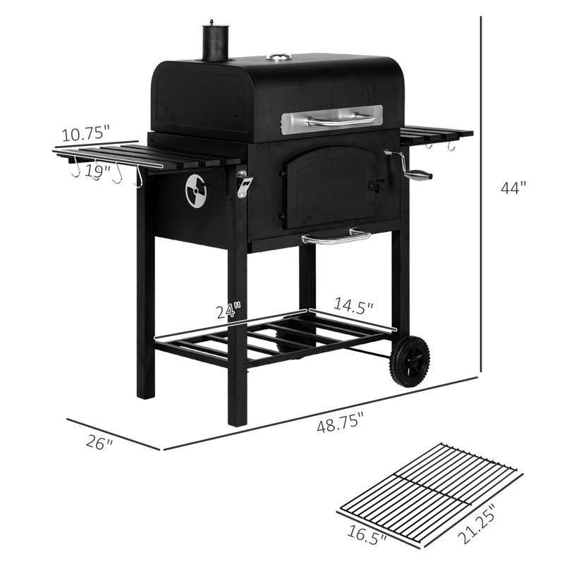 Barbecue au charbon de bois avec tables d'appoint pliantes et rangement, hauteur réglable, thermomètre, roues pour ouvre-bouteilles de patio, noir, roues,