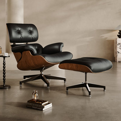 Mid Century Chaise Lounge Chair With Ottoman, Top Grain Leather, Modern Office Chair Classic Design, Heavy Duty Base Support For Living Room Study Lou by Corrigan Studio