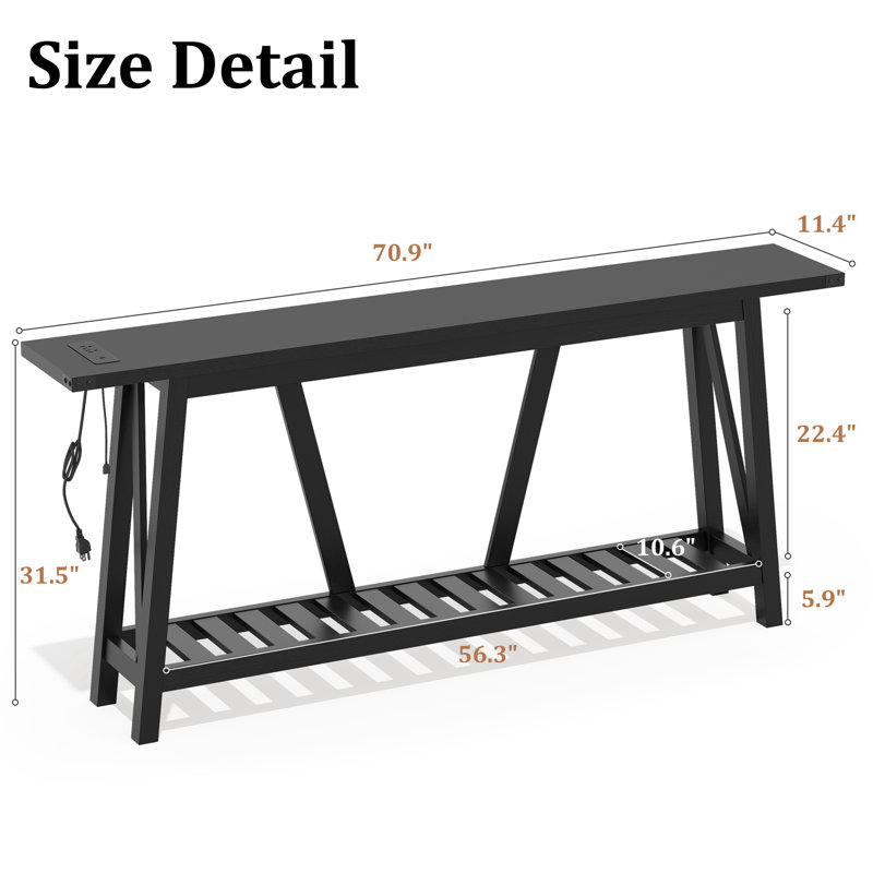 70.9'' Console Table with Built-in Power Outlet, Black