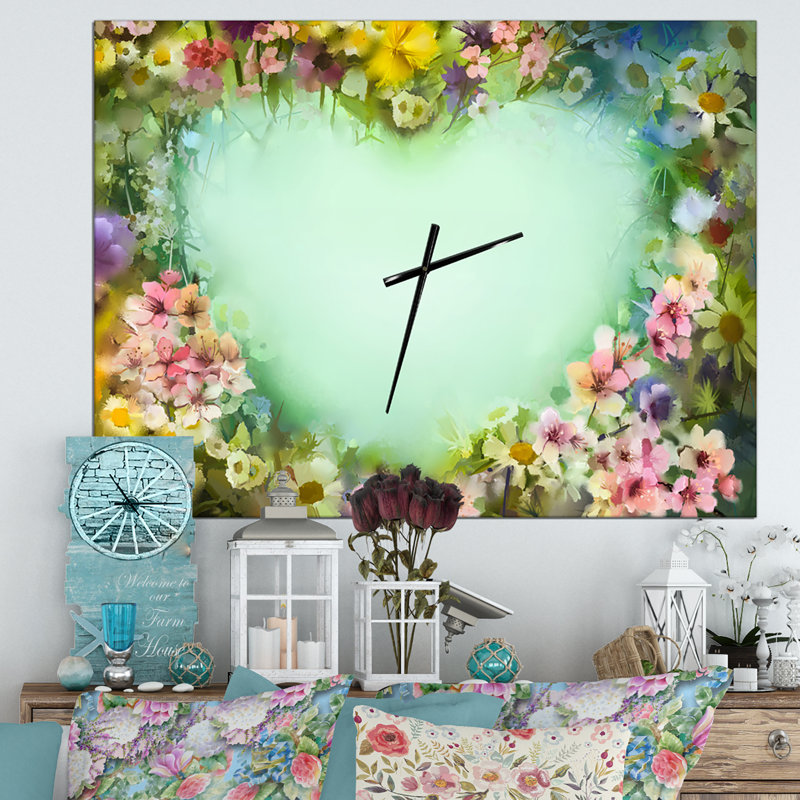 Fleurs rétro avec forme de cœur - horloge murale moderne, Petit