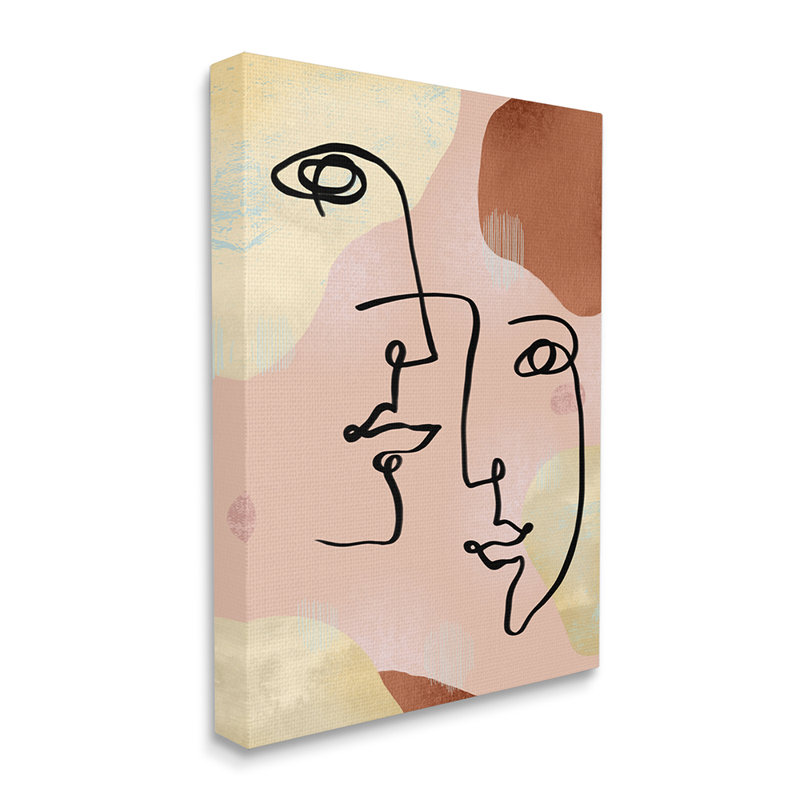 «Mixed faces», dessin au trait abstrait, brun et jaune par Ziwei Li - impression, Toile tendue, H 30 po x l 24 po x 1,5 po