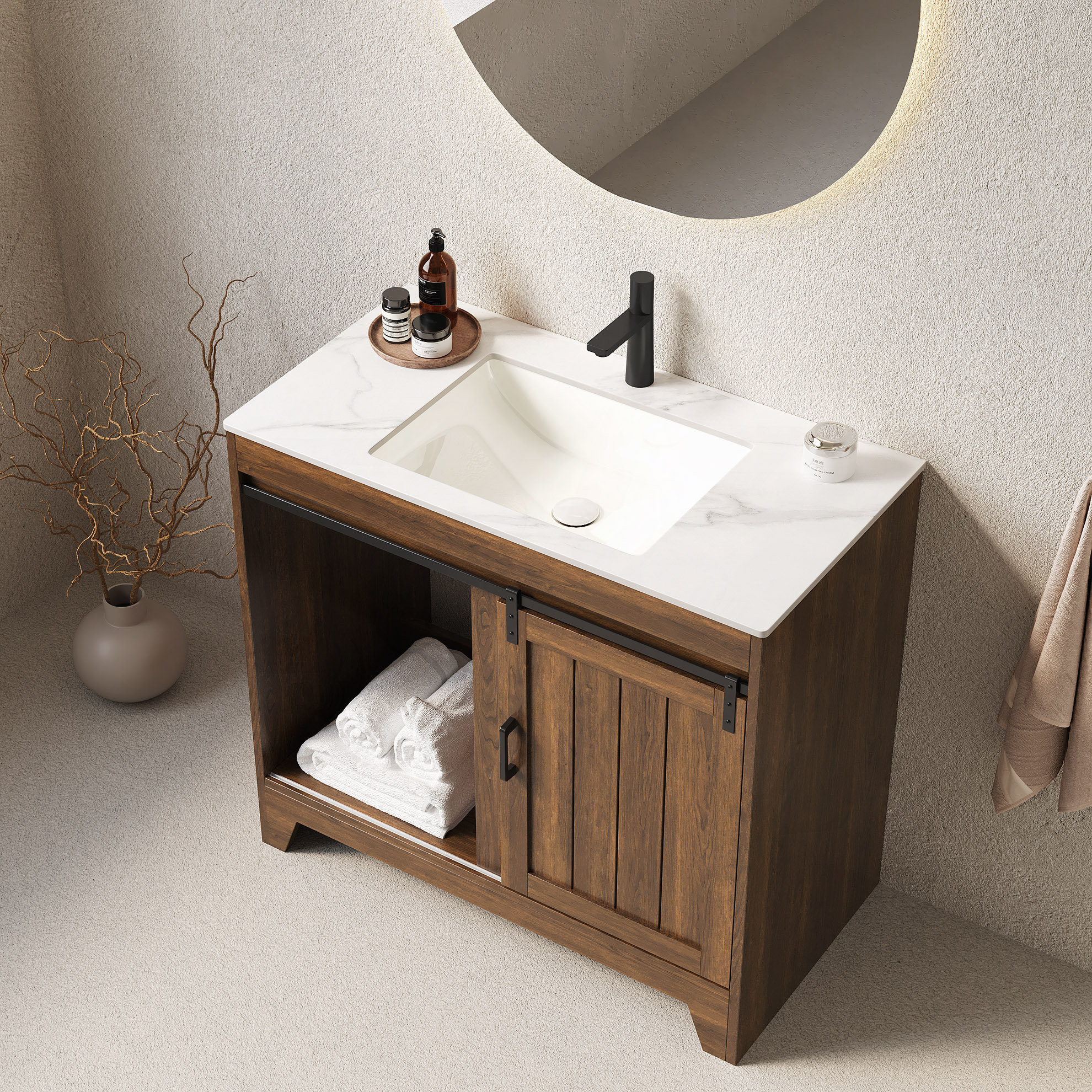 weixunguang Bathroom Vanity With Sink, Freestanding Farmhouse Style  Bathroom Storage Cabinet With Sliding Barn Door And Shelves, Sintered Stone  ..., image size:1980x1980