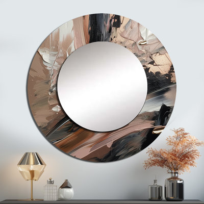 Pancu brun et noir au-delà des limites II - miroir abstrait, miroir mural rond unique moderne, art imprimé en métal