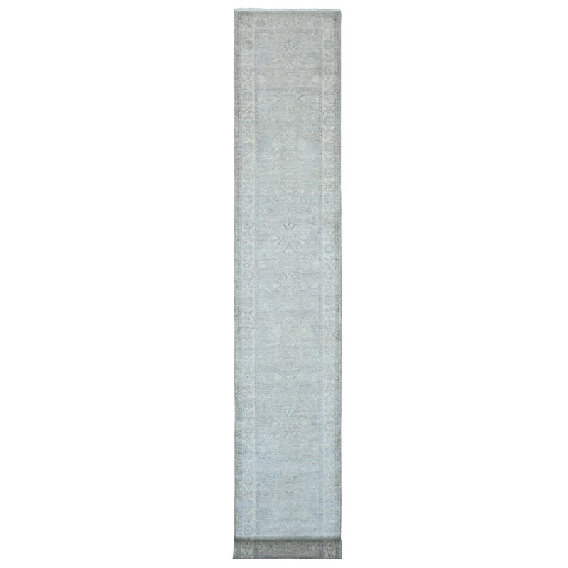 2 pi 6 po x 19 pi 2 po gris moyen, Peshawar délavé avec motif Heriz, laine de haute montagne, tissé dense, noué à la main, colorants végétaux, tapis XL, tapis oriental