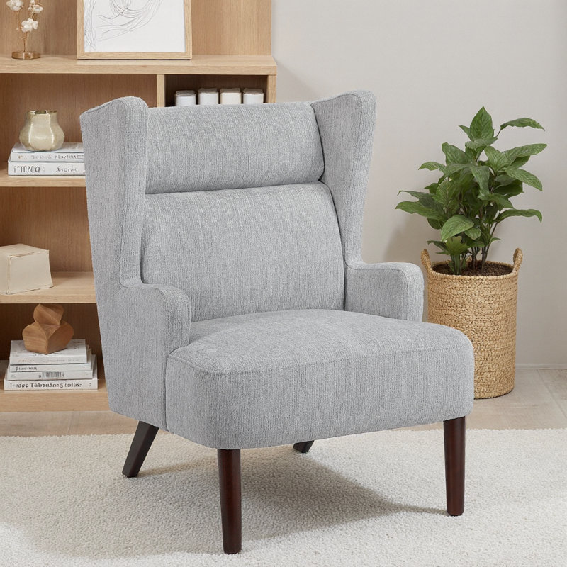 Fauteuil d'appoint à oreilles contemporain gris avec revêtement en chenille et structure en contreplaqué