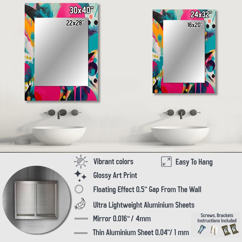 Pink and Turquoise Abstract Enigma I - Abstract Decorative Mirror On Metal, 32 po x 24 po