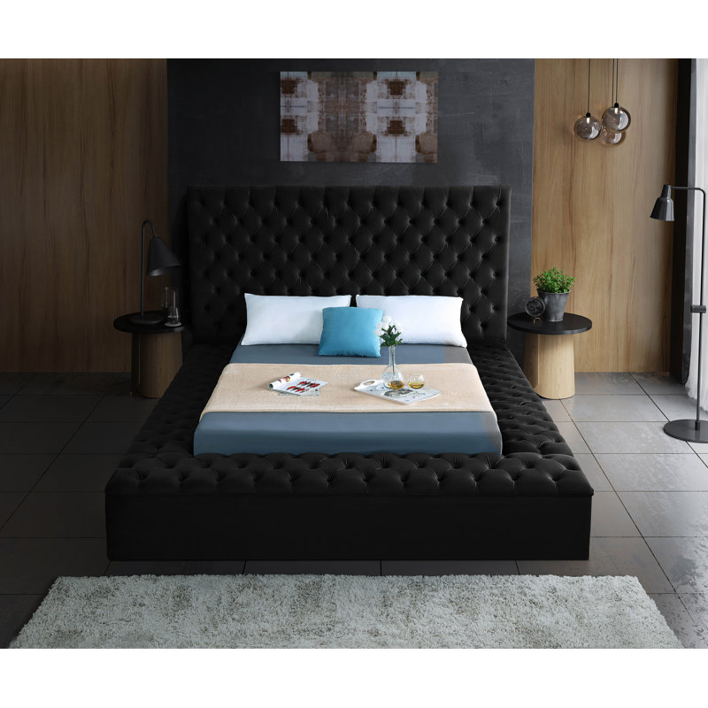 Lit plateforme tapissier avec rangement Johnnay, Très grand, Velours noir