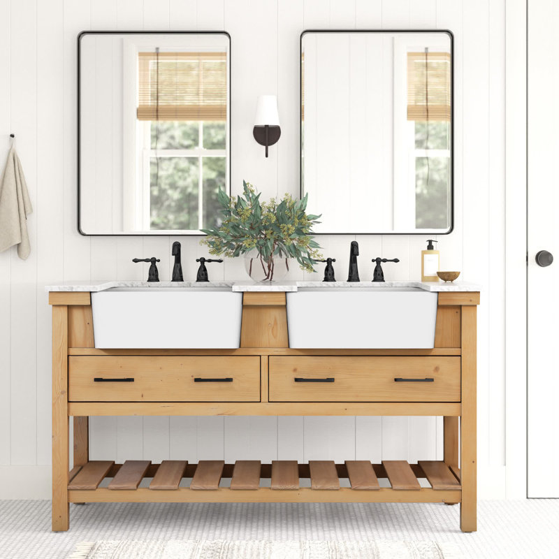 Ensemble de meuble-lavabo double 60 po Pelaghia, Bois naturel
