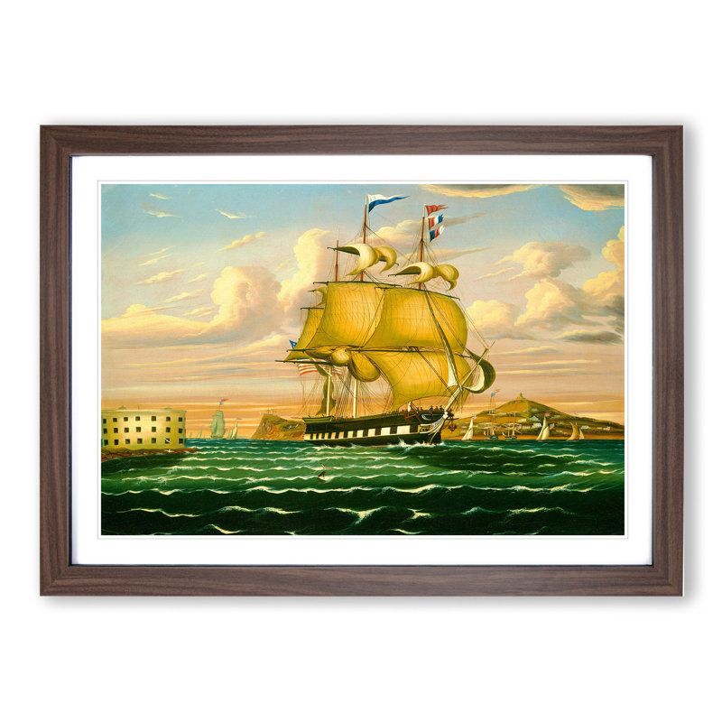 Ship Passing Castle Williams by Thomas Chambers - Picture Frame Painting, Walnut Framed, 27cm H x 36cm W x 2cm D