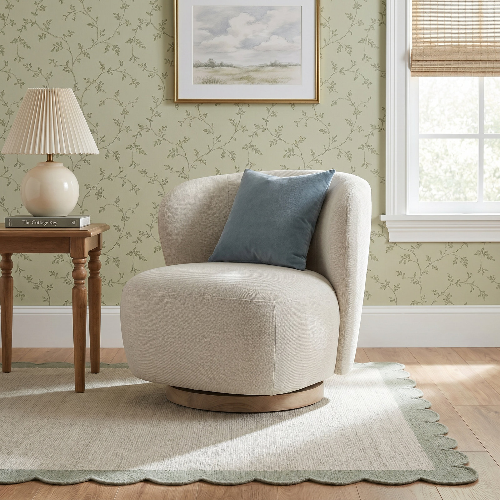 Upholstered Swivel Barrel Chair, Effie Linen Performance Linen
