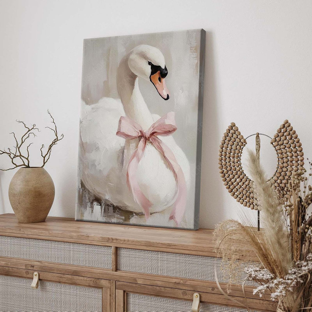 Cute White Swan Pastel Art Poster Animal Wall Art Pink Bow Coquette Art 24X36inch