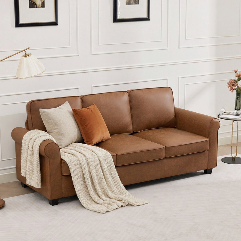 83" W Wide 3-Seater Upholstered Sofa Faux Leather Rolled Arms Couch, Brown