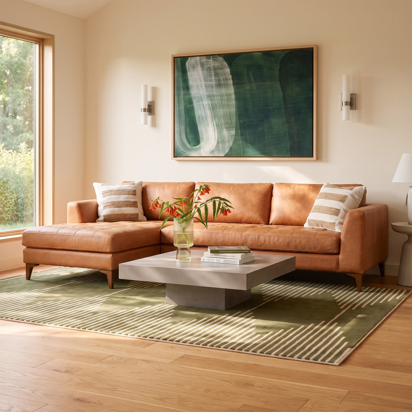Full Grain Leather Sofa and Chaise, Cognac Tan Genuine Leather, Walnut, Left Hand Facing