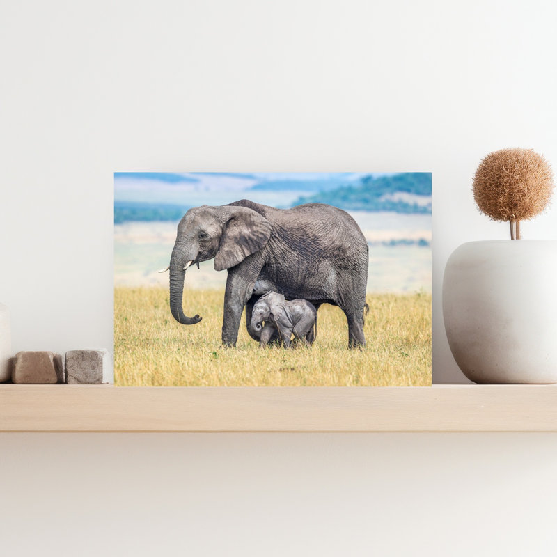Elephant Mother And Calf Peaceful Contemporary Elephant Nature Wildlife Wall Art Print by Jeffrey C. Sink - 1 Piece Wrapped Canvas Wall Art