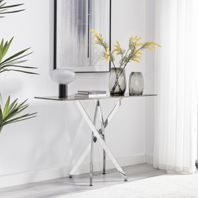 Atal Marble Effect Console Table - Glass Topped Metal Leg Narrow Hallway Console Table