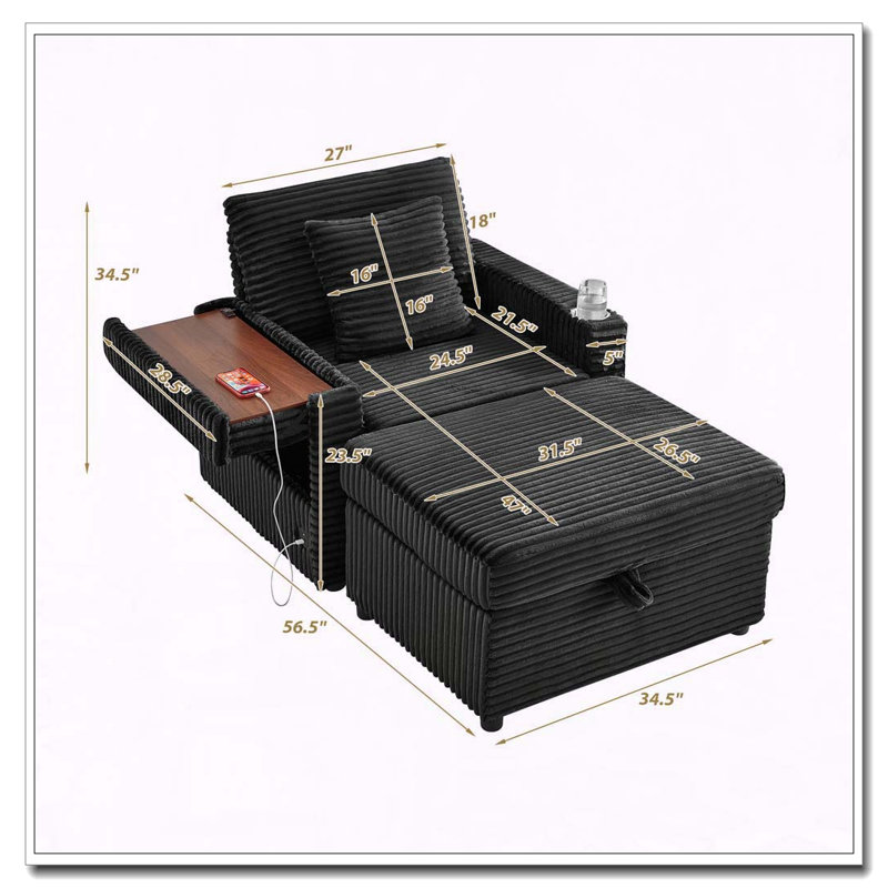 Fauteuil d'appoint confortable en velours côtelé, Noir