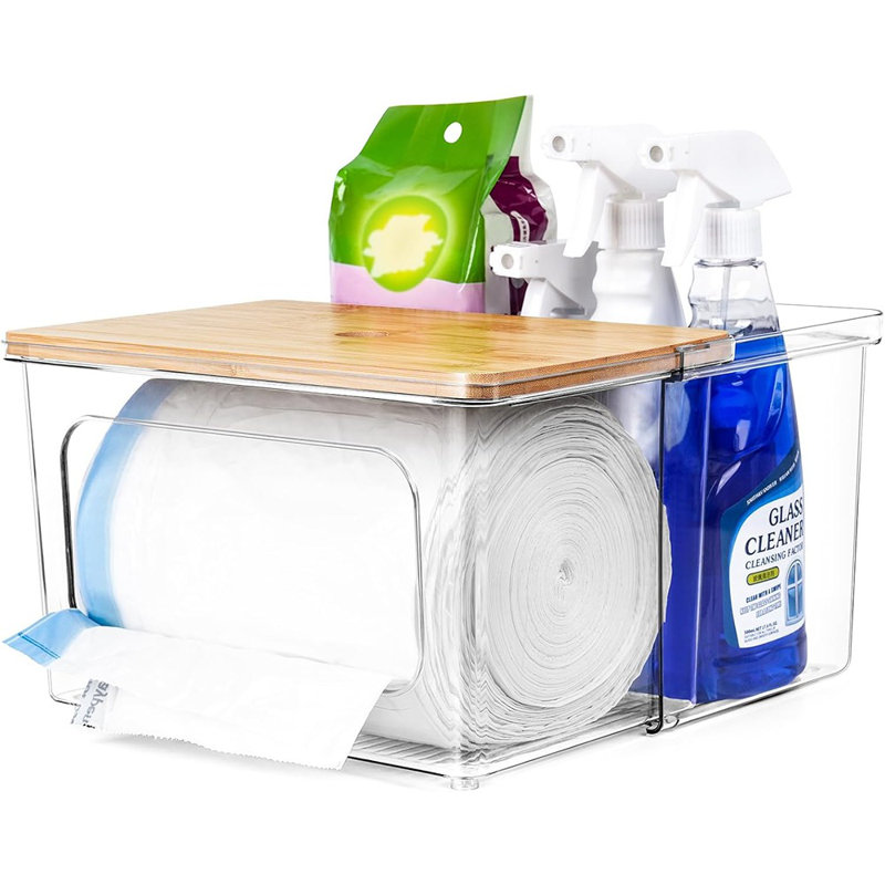 Porte-sac poubelle - Organisateur sous l'évier 2-en-1 avec boîte en acrylique transparent et couvercle en bambou, peut contenir de grands rouleaux jusqu'à 100 unités pour la cuisine, le garde-manger et la salle de lavage