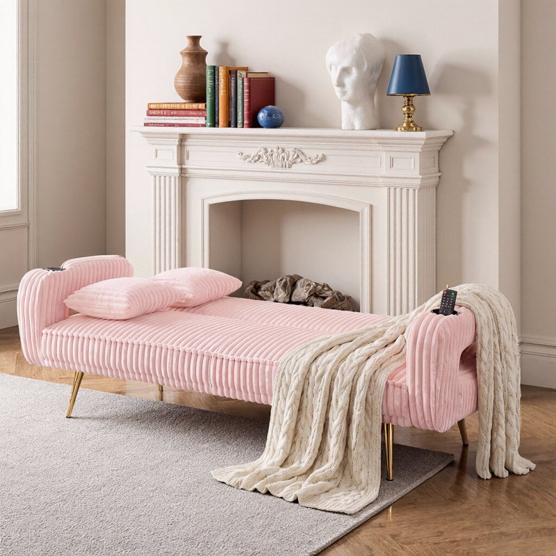 Canapé-lit droit en velours côtelé de 74 po avec 2 coussins | Canapé-lit réglable à 3 niveaux, conception minimaliste pour le salon, le bureau et les petits espaces