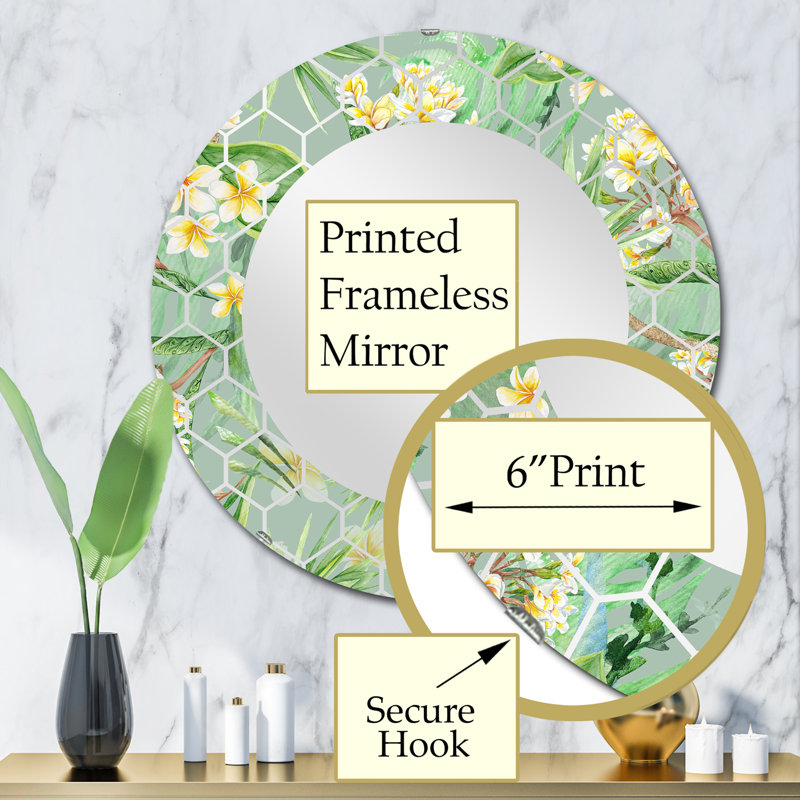 Miroir mural tropical feuillage tropical et fleurs jaunes, 32 po x 32 po