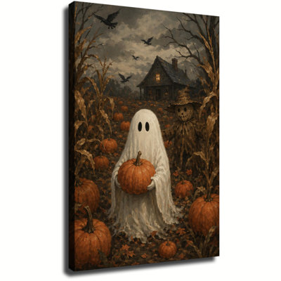 Décoration murale vintage sur toile représentant un fantôme tenant une citrouille dans un champ de maïs avec un épouvantail et une vieille maison rustique, idéale pour l’Halloween.