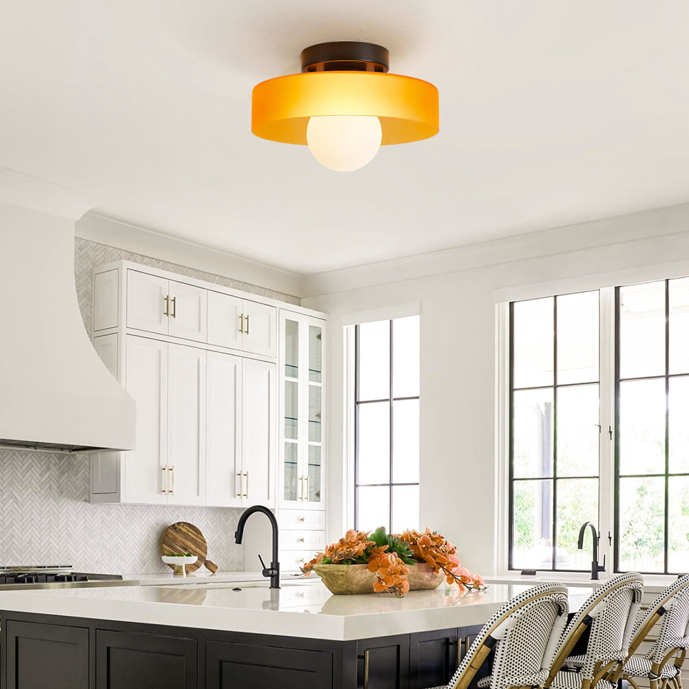 Vintage Flush Mount Ceiling Light - Mid Century Modern Orange Fixture For Kitchen & Dining