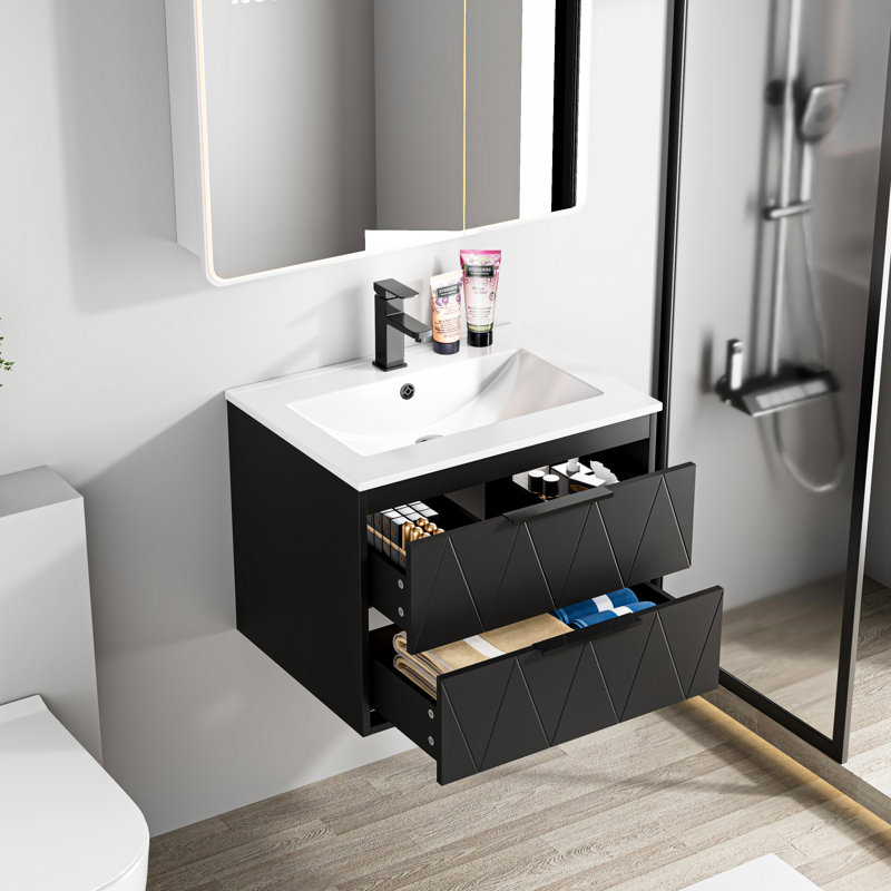 Ensemble de meuble-lavabo mural simple Sharee avec comptoir d'évier, robinet et drain en alliage de zinc, armoire flottante avec tiroirs à fermeture en douceur