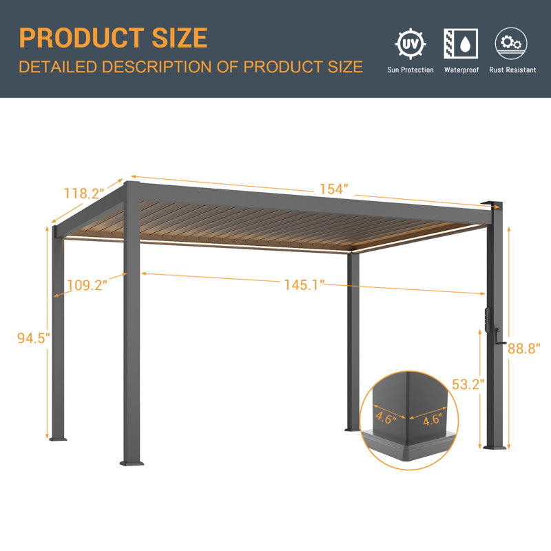 Patio Louvered Aluminum Pergola with Solar LED, 10 Ft. x 13 Ft.	, Dark Gray