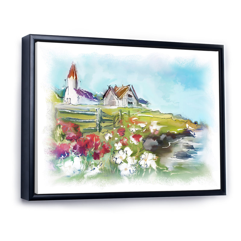 Bâtiments blancs sur un pré vert coloré - peinture sur toile, H 25 po x l 33 po x P 1 po, Cadre noir