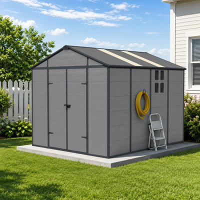 8' x 10' Outdoor Resin Storage Shed, Weatherproof Resin Tool Storage Shed with Lockable Door, Windows & Skylight, All-Weather Shed for Backyard Patio, Dark Grey