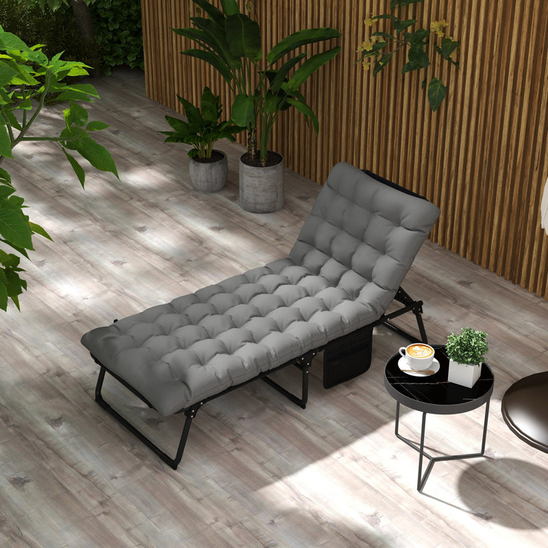 Chaise de plage inclinable et réglable pour le patio - 4 ajustables, poche à magazines, coussin de tête amovible, salon de bronzage pliable gris