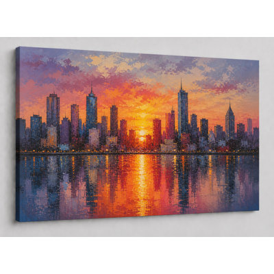 Grand paysage urbain coucher de soleil sur toile, art abstrait urbain, peinture de réflexion pour le salon, chambre à coucher, bureau, impression sur toile 24 x 36 pouces - prêt à être accroché