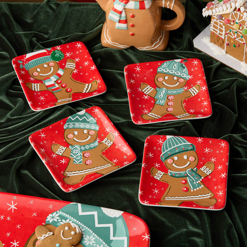 Ensemble d'assiettes de Noël en forme de pain d'épice de Noël, assiettes carrées en céramique de 4 po, mini assiettes à dessert pour fêtes de Noël, collation festive ou ensemble de service à biscuits