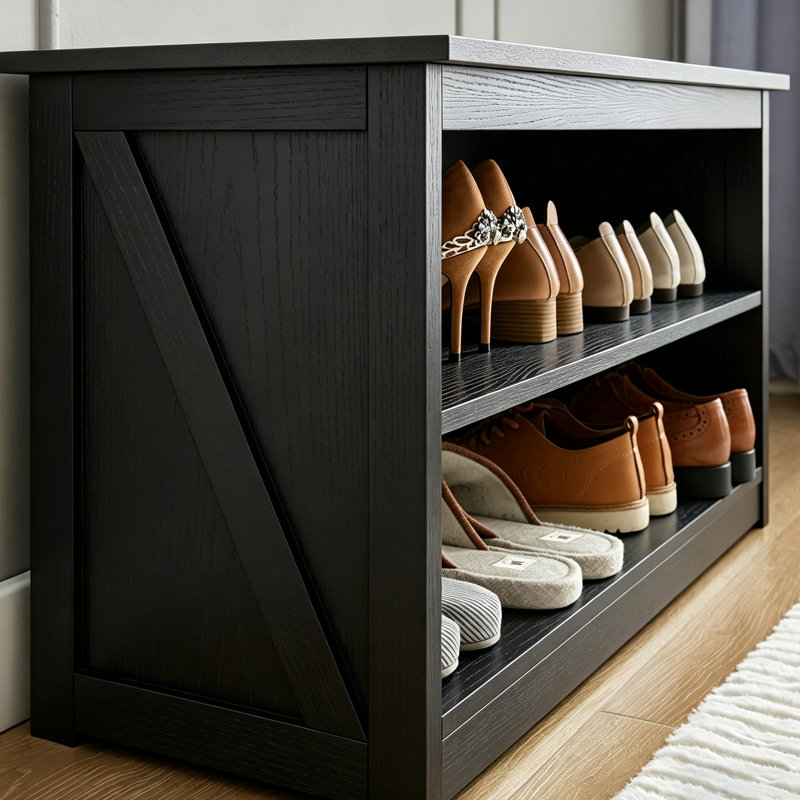 2-Tier Wooden Shoe Bench, 9 Pair Storage Entryway Organizer With Seat, Black