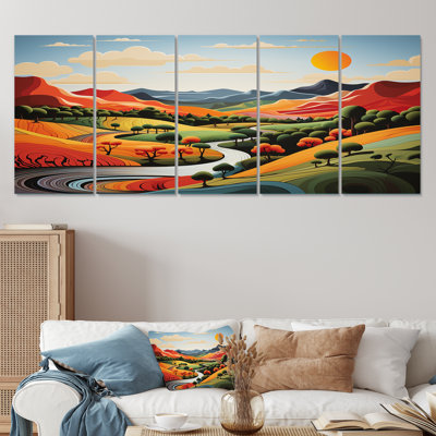 Art mural minimaliste multicolore, paysage IV - prairie, 5 pièces