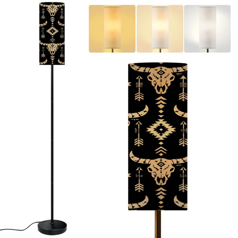  68.5" Standing Floor Lamp Boho seamless bull skull horns ethnic arrangement Minimalist objects Dimmable Metal Pole Lamp with Linen Lampshade LED Bulb Included